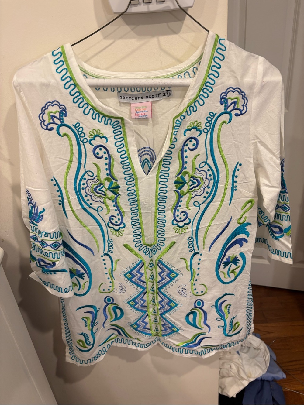 Gretchen Scott Designs White Embroidered Tunic Top in Blue & Green.